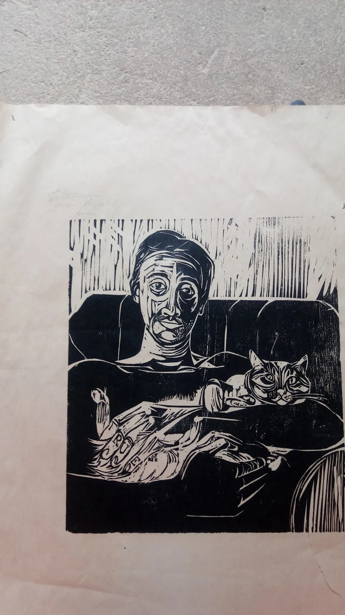Self portrait with cat — Woodcut, 2021