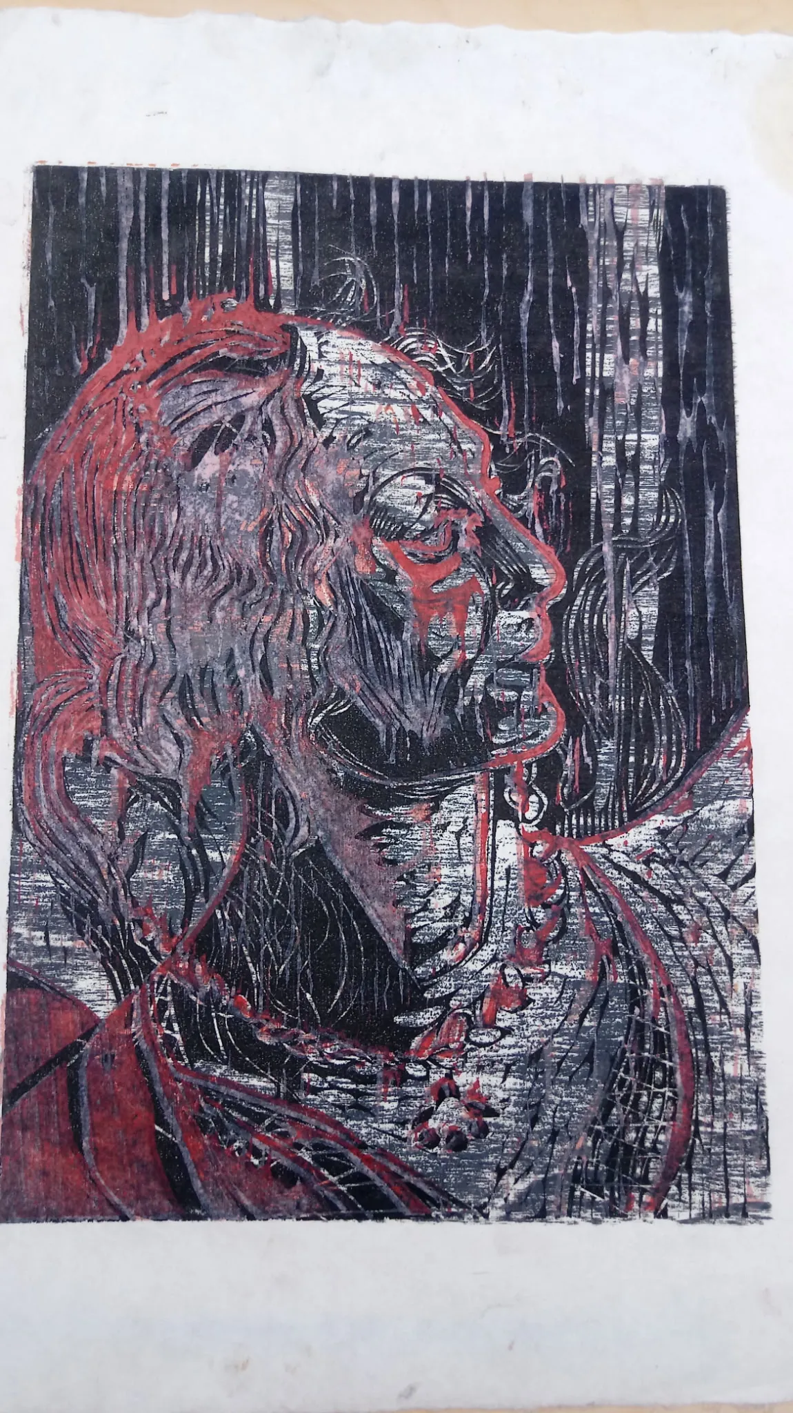 Head turned, red — Woodcut, 2021