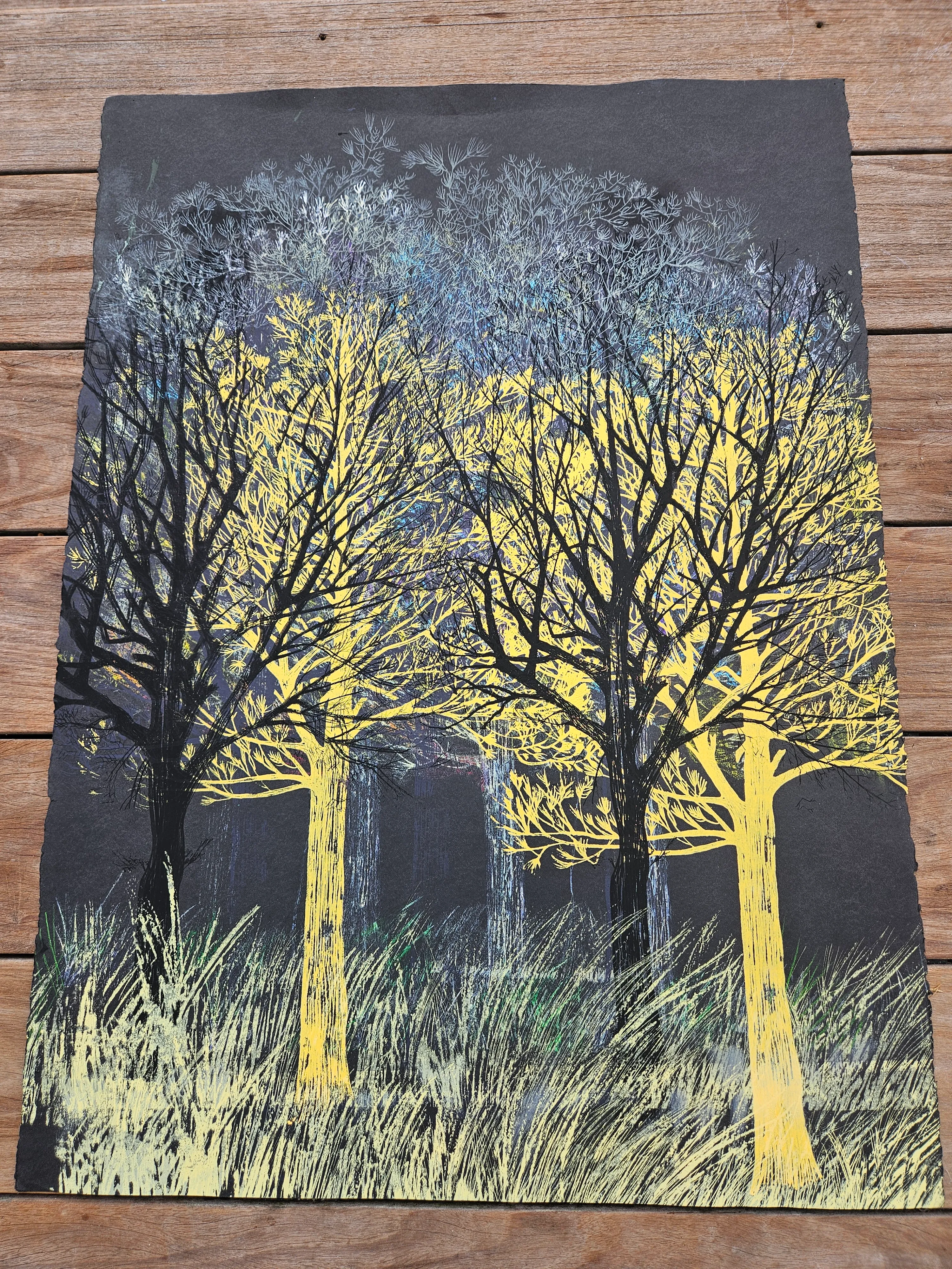 Yellow trees, night — Screen print, 2026